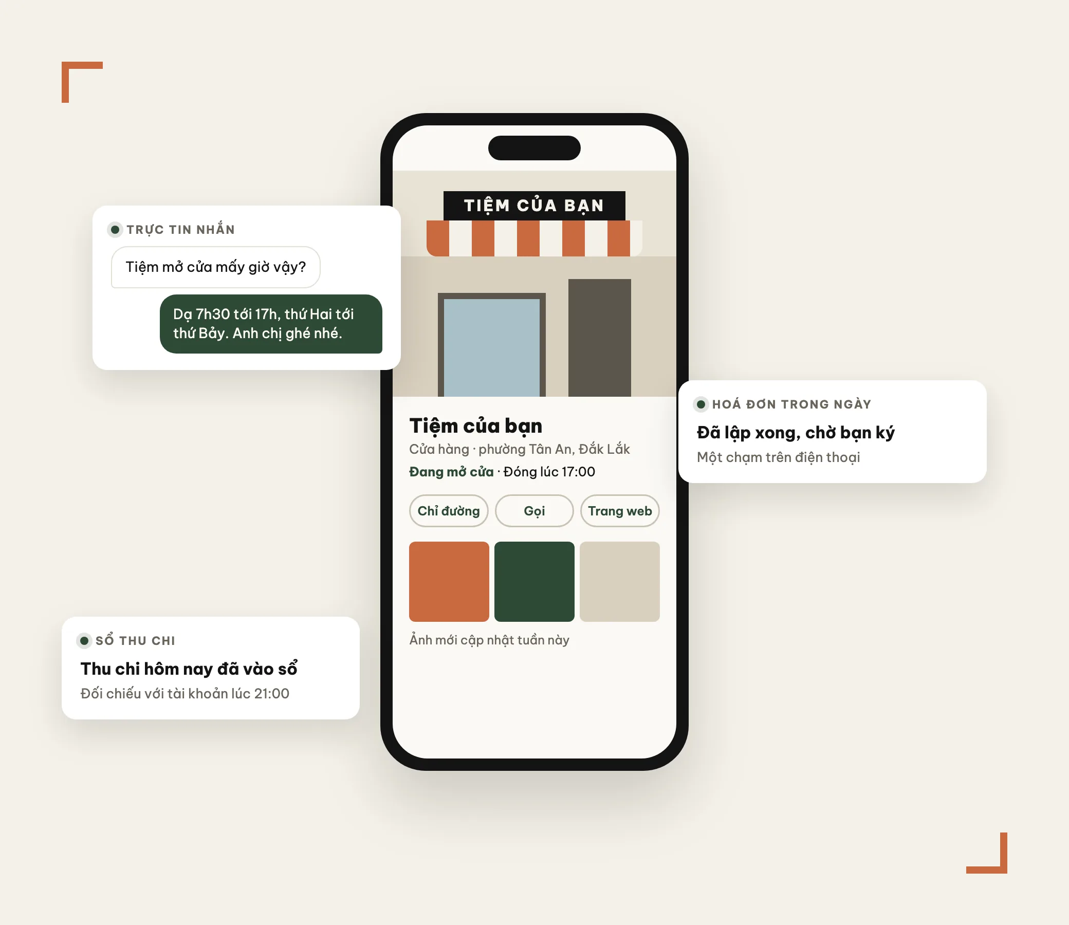 Minh hoạ: tiệm có hồ sơ Google Maps, tin nhắn được trả lời, thu chi vào sổ